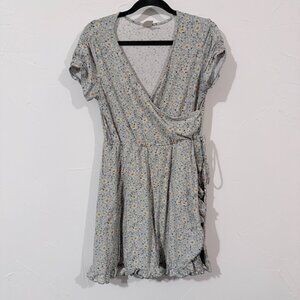 No Boundaries Mint Floral Faux Wrap Dress, Size L, Ruffle Hem